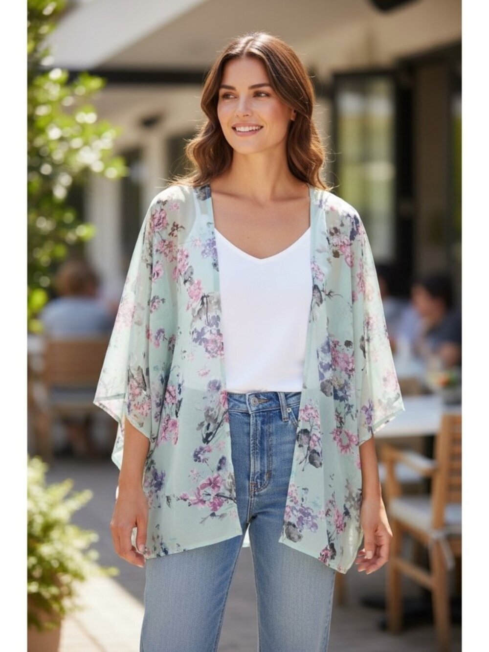 Peach Love Women's Light Blue Floral Shear Cardigan